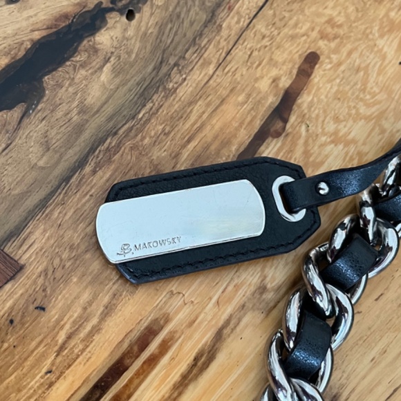 B MAKOWSKY Black Leather Shoulder Bag Chain handle hangtag BM Leopard Lining - Picture 5 of 8